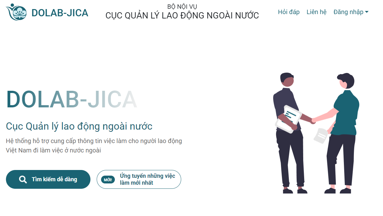 Giao diện trang website chính thức của ứng dụng việc làm nước ngoài DOLAB JICA