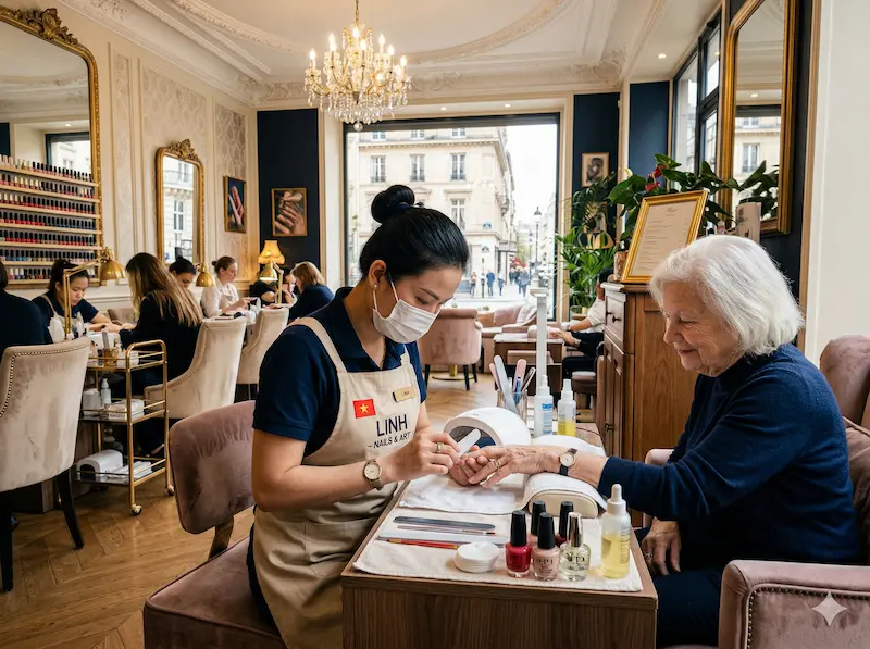 Thợ Nails Việt Nam đang làm Nail ở áo