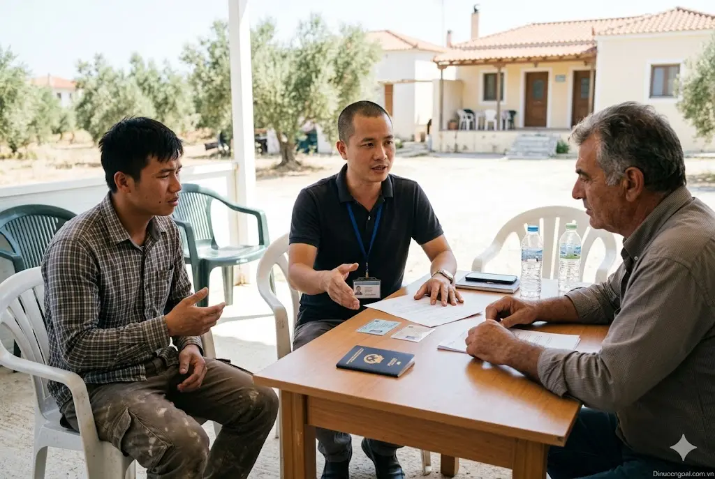 Cán bộ đại diện của công ty tới trực tiếp hỗ trợ xử lý phát sinh giữa người lao động và chủ sử dụng Hy Lạp