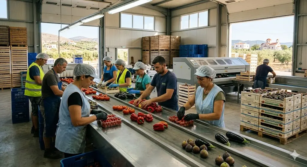 XKLĐ nông nghiệp Hy Lạp Có vất vả không, thu nhập ra sao, ai phù hợp? 19 Công nhân nông nghiệp Hy Lạp đang làm việc trên dây chuyên phân loại đóng gói rau củ quả