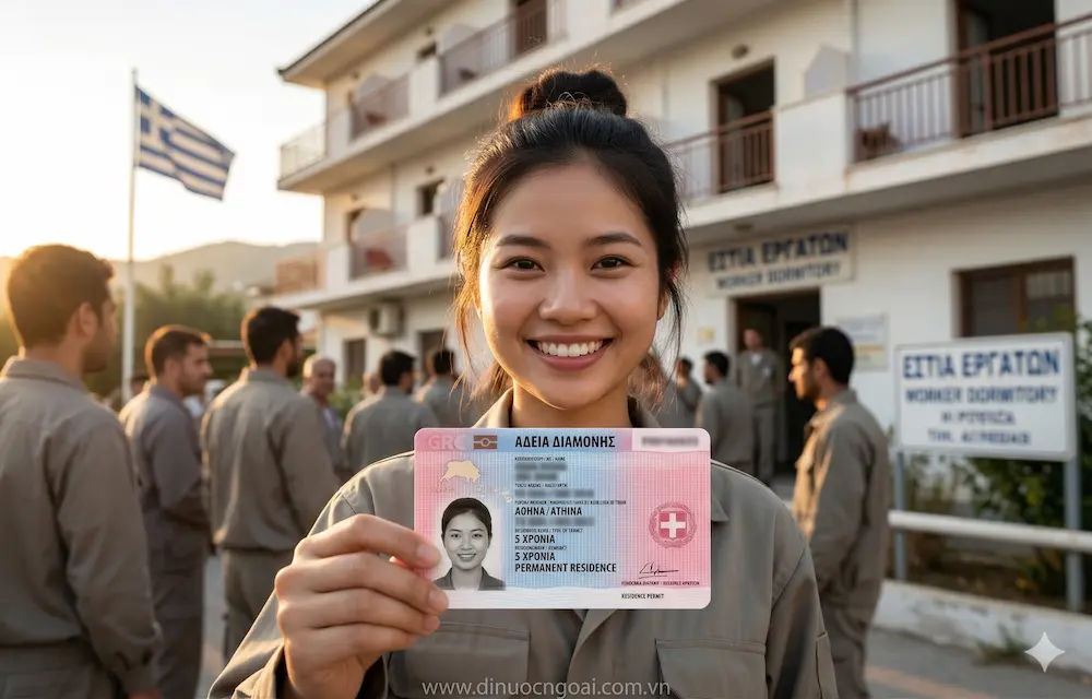 Xuất khẩu lao động Hy Lạp từ A đến Z: Việc làm, chi phí, lương, điều kiện mới nhất 11 co gai nguoi Viet di xuat khau lao dong dang vui mung cam khoe tam the cu tru hy lap moi tinh tren tay