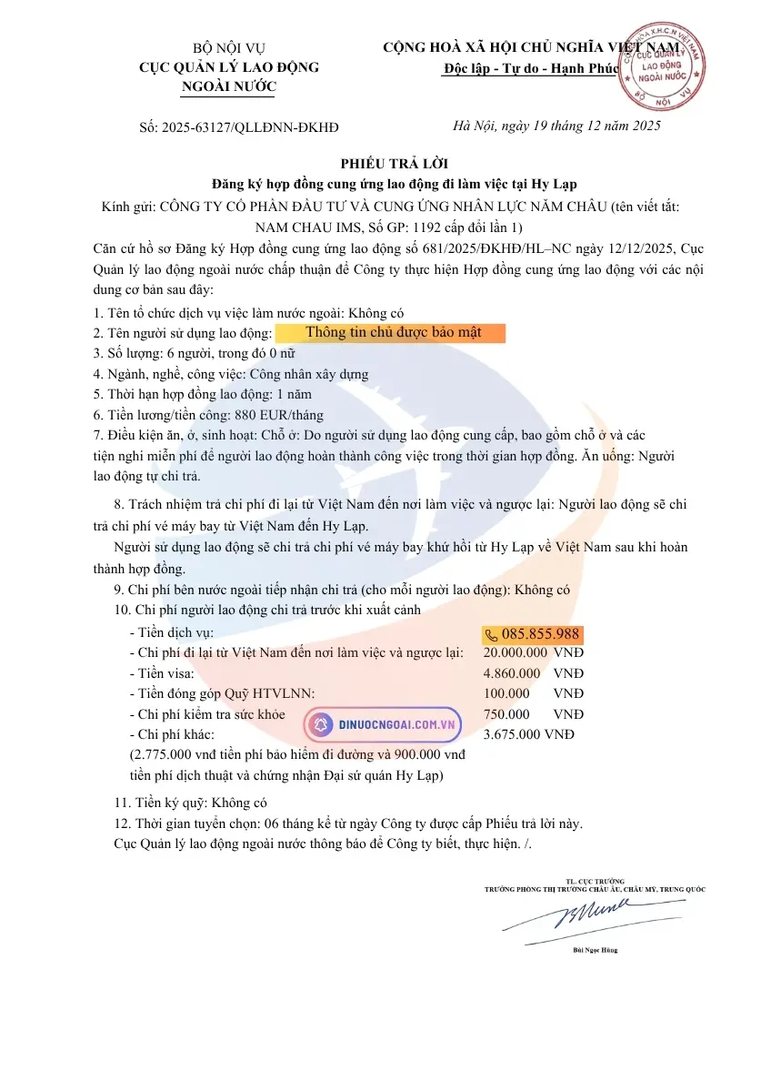 công ty năm châu ims được Dolab cấp phiếu trả lời cho phép đưa lao động sang Hy Lạp