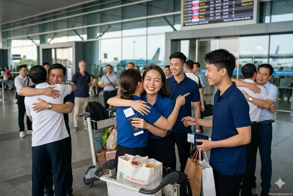 khoảnh khắc chia tay người lao động lên đường sang làm việc ở Hy Lạp tại sân bay đầy xúc động