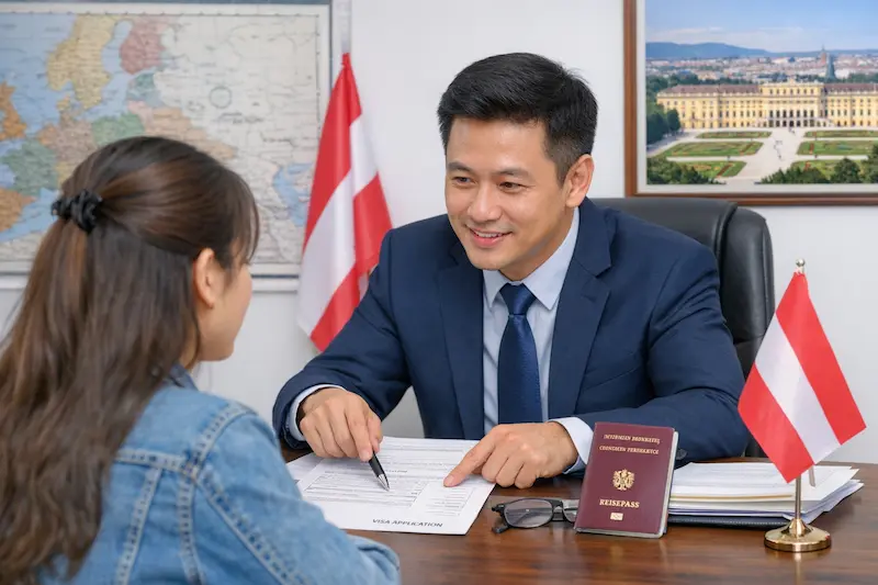 nhân viên đang tư vấn xin visa đi xuất khẩu lao động áo cho một cô gái