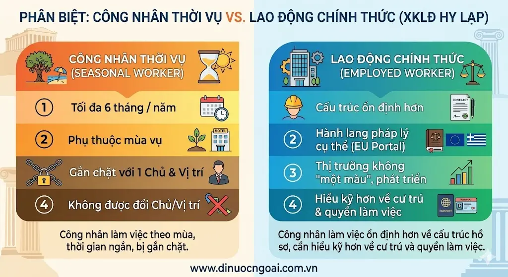 Visa lao động Hy Lạp, giấy phép cư trú và hợp đồng: hiểu sai 1 bước là rủi ro lớn 2 đi xklđ hy lạp cần phân biệt rõ công nhân thời vụ và lao động chính thức khi