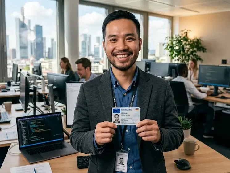 công dân việt nam làm việc trong văn phòng tại Đức đang cầm thẻ eu blue card với khuôn mặt tươi vui